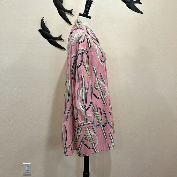 Sorry, Too Much Love Saguaro Cactus Print Cotton Shirt Dress With Belt - Pink XL - Picture 5 of 12